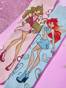 The Winx X SHEIN 3双装女士/女孩不配对袜子，柔软透气吸湿，休闲中筒袜，甜美卡通图案，时尚可爱糖果色船袜，加固袜头和袜跟，经久耐穿，四季皆宜，夏季/冬季百搭，图案袜子，Y2K风格 - 彩色 - 查看 4