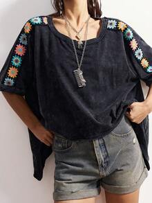 Bohemela Camiseta casual de mujer talla grande con bordado floral y cuello redondo - Negro - Ver 3