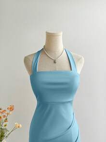 Elamini 优雅纯色鱼尾露背吊带连衣裙 - 天藍色 - 查看 3