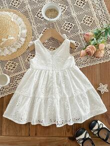 SHEIN Đầm không tay màu trắng thêu hoa nơ dễ thương cho bé gái đi nghỉ mát - trắng - Xem 2