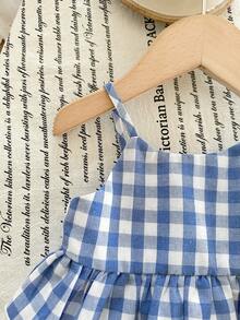 SHEIN Babygirl Summer Cute Vacation Casual Blue & White Plaid Ruffle Trim Camisole & Elastic Waist Pants Set - Blue - View 5