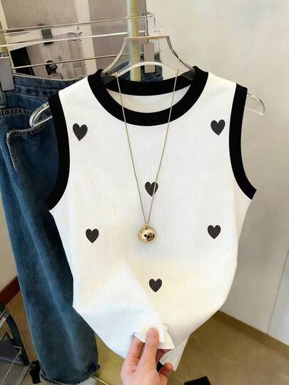 Resyla Women's Contrast Color Round Neck Heart Print Casual Regular Tank Top