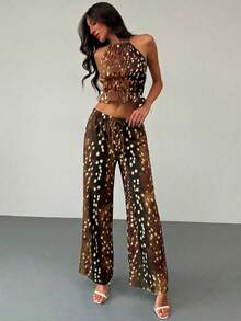 Aloruh Bộ đồ nữ cổ điển gồm áo hai dây hở lưng in hình hươu chấm bi và quần ống đứng cạp cao, thích hợp cho đi chơi, hẹn hò, ngày Valentine, dành cho các cô gái trẻ. Quần ống rộng họa tiết hươu/động vật, phong cách Bohemian lãng mạn retro Y2K. - màu nâu - Xem 3