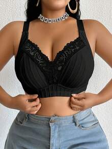 DesireSculpt 1pc Plus Size Lace Patchwork Wireless Bra - Black - View 5