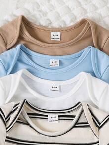 4pcs/Set Baby Boy/Girl Cute Knitted Elastic Striped Short Sleeve Rompers, Basic Bodysuits, Spring/Summer - Multicolor - View 3
