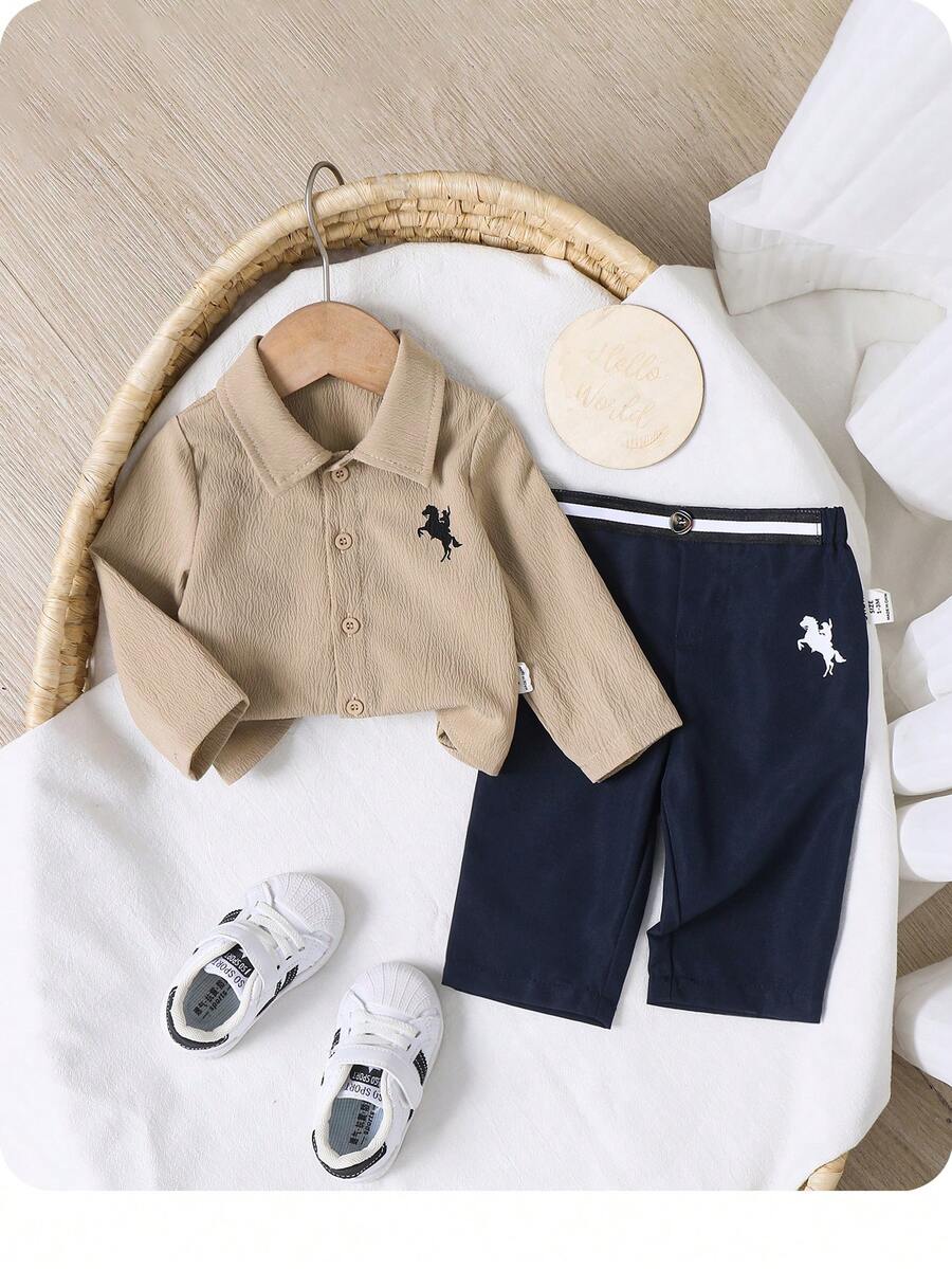 Newborn Baby Boy Casual Cute Versatile White Long Sleeve Shirt And Pants Set,Kids - Navy Blue - View 1