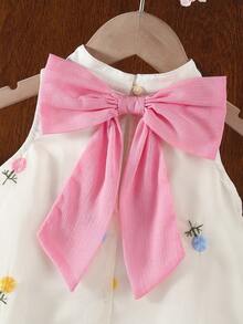 女婴可爱优雅杏色花卉刺绣图案宽松连衣裙 - 杏色 - 查看 3