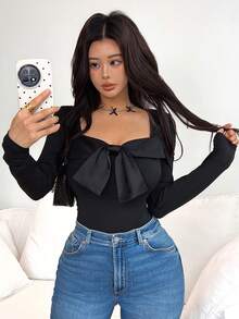 Rafferiza Petite Áo thun dài tay màu đen thời trang, thanh lịch, ôm dáng, thắt nơ. - màu đen - Xem 1