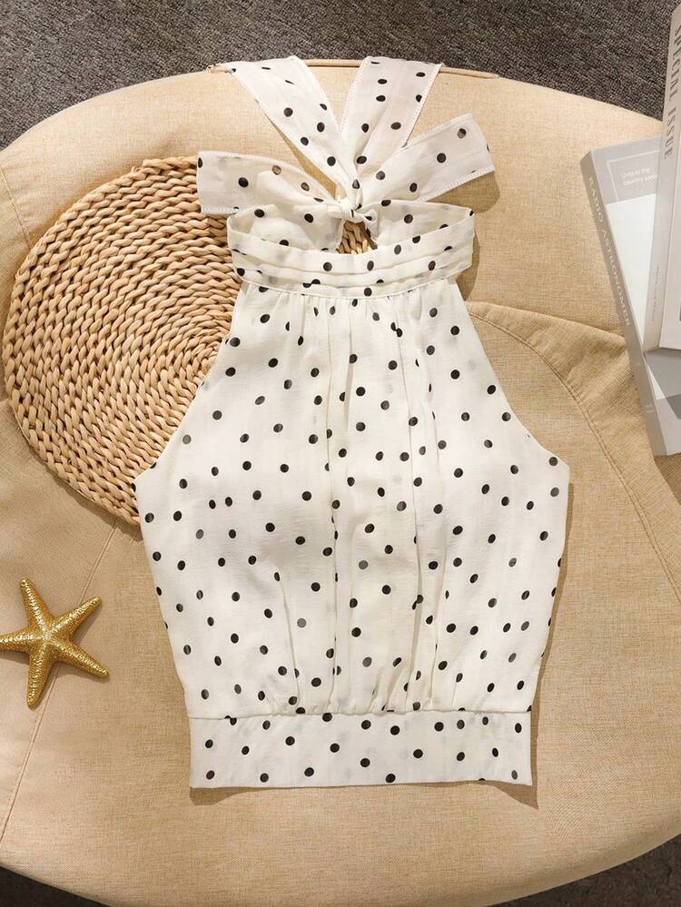 Trelyra Blusa de tela texturizada con estampado de lunares, de corte holgado y elegante, con cuello halter y lazo, para uso casual y de oficina, para mujer - Albaricoque - Añade 1