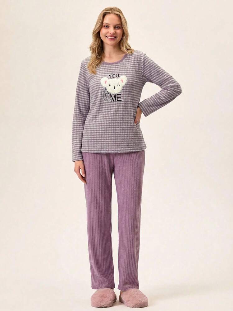 Loomlin 2pcs Contrast Colour Striped With Cute Koala Embroidery Detail PJ Set - Dusty Purple - View 4