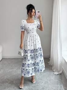 Rafferiza Women's Elegant White And Blue Floral Mid-Length Dress,Square Neckline,Gathered Back Yoke,Elastic Waist,Summer Holiday Vacation Casual Floral Dress - Multicolor - View 4