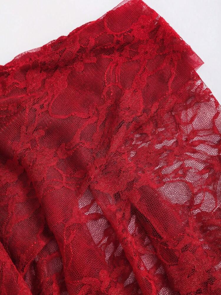 SHEIN Glamour Women Three Quarter Kimono Sleeve Red Sheer Blouse With Shawl Collar Regular Fit Sexy Patterned Top Sheer Cardigan Women Red Mesh Top Red Blouses Lace Kimono Red Lace Top - Red - View 11