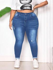 SHEIN CURVE+ Quần jeans lửng dáng ôm màu xanh dương, kiểu dáng thường ngày, gợi cảm, dành cho người có thân hình đầy đặn. - Rửa nhẹ - Xem 2