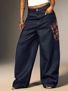 Denimoi Baggy Boyfriend Jeans With Contrat Plaid Pocket Fashionable Streetwer Wide Leg Denim Jeans - Dark Wash - View 1