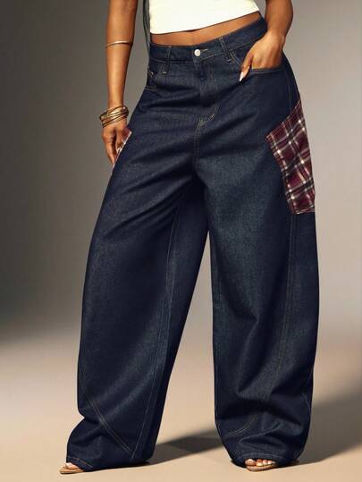 Denimoi Baggy Boyfriend Jeans With Contrat Plaid Pocket Fashionable Streetwer Wide Leg Denim Jeans