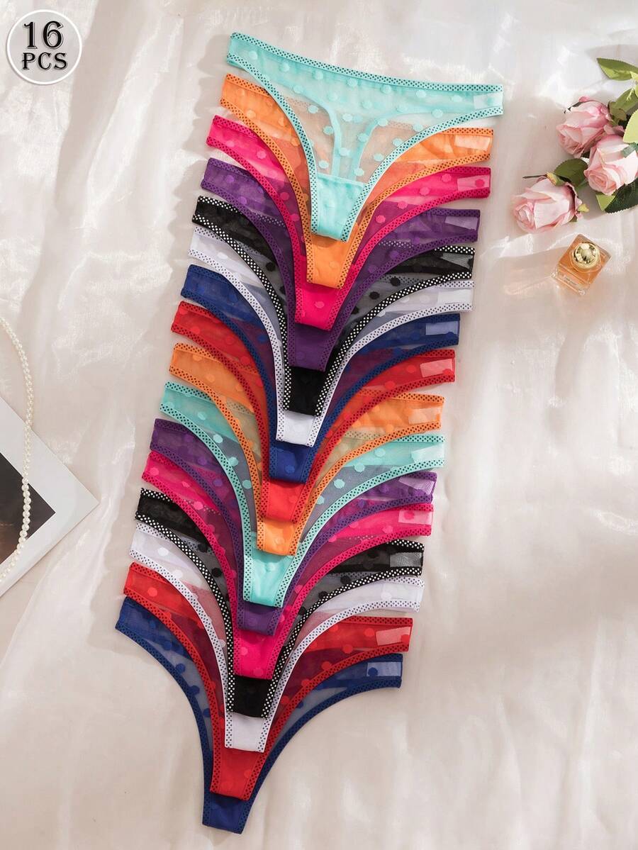 16pcs/Set Romantic Sexy Lace Polka Dot Thong Panties For Women - Multicolor - View 1