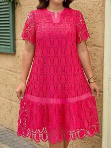 SHEIN Clasi 大码女式V领短袖蕾丝优雅连衣裙 - 玫紅色 - 查看 9