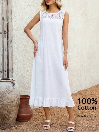 EMERY ROSE Women's Vacation Casual Solid Color Sleeveless Ruffle Hem Mid-Length Dress From Spring To Summer Beach Outfits For Women Elegant Dresses For Women Vacation Outfits Women Summer Holiday Outfits Holiday Dress Casual Dresses For Women Casual Long Dresses White Dress For Women Cotton Dress For Women Summer Dresses For Women Going Out Dress