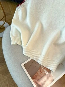 GlowEve CURVE 早春新款简约通勤百搭米色拼接酒红色手工钩边圆领宽松女式针织背心 - 米色 - 查看 8