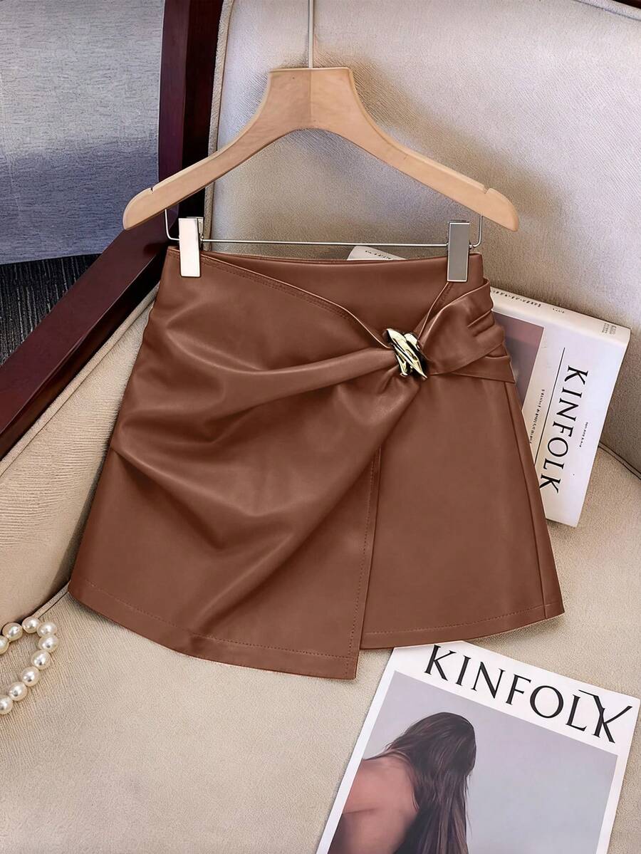 Franclia Chân váy da nữ thời trang, thanh lịch, đa năng, bất đối xứng, trang trí khóa kim loại. - Màu nâu Mocha - Xem 1