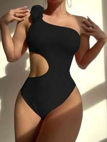 Swim Chiccia Solid Color Cutout One-Piece Swimsuit For Beach Vacation One Shoulder Swimsuit Black Swimsuit Women Black One Piece - Black - View 8