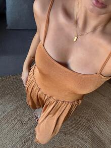 Women's Charming Tie Shoulder Bandeau Waist Jumpsuit Pajamas - Brown - View 4