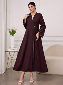 Al Najma Women's Everyday Commute Trim Design Gold Button Flare Sleeve Long Sleeve Abaya Robe - Brown - View 3