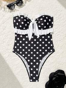 Bonvoyette 春夏新款黑白波点蝴蝶结褶皱摩登洛丽塔派对下午茶无肩带可拆卸肩带沙滩度假连体泳衣（女款） - 黑與白 - 查看 7