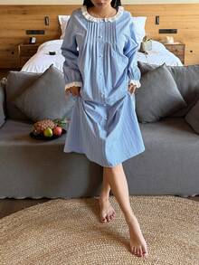 DAZY 甜美条纹图案印花撞色滚边宽松女士睡裙 - 藍色 - 查看 7