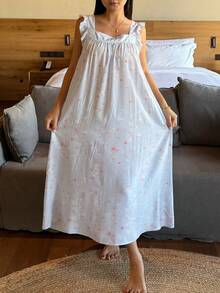 DAZY Ditsy Floral Square Neck Wide Strap Ruffle Hem Long Women Nightgown - Blue - View 5