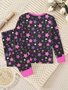 2pcs/Set Baby GirlFashionable "67" Star Print Round Neck Long Sleeve Top & Star Print (Glow Under Purple Light) Stretchy Knit Leggings 2 Pieces Pajama Set - Multicolor - View 2
