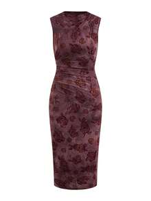 Ellevyn Elegant Sleeveless Pleated Floral Flocked Bodycon Dress - Red Violet - View 8