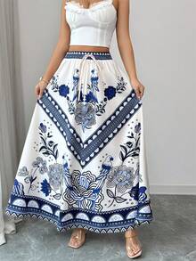 SHEIN Elenzya Falda holgada de línea A con cintura de cordón, estampado de porcelana azul y blanco, estilo de vacaciones - Azul y blanco - Ver 4