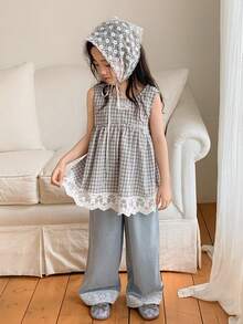 DAZY 女童（小号）圆领格子无袖上衣和牛仔裤套装，秋季穿搭 - 彩色 - 查看 5