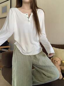 DAZY Green Fresh Henley Top & Plaid Pajama Pants Women Sleepwear Set - Green - View 5