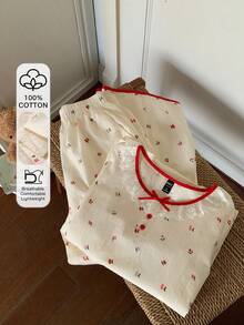 DAZY 碎花刺绣荷叶边领撞色滚边宽松女士睡衣套装 - 米色 - 查看 4