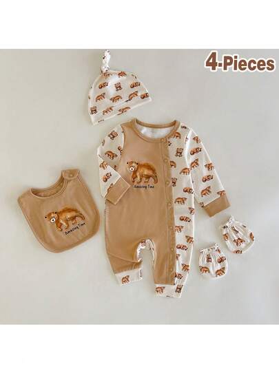 Loomiva 4pcs/Set Cute Brown Bear Pattern Casual Patchwork Contrast Color Newborn Gift Set - Hat, Bib, Gloves, Romper, Ideal For Baby Shower, Infant Layette