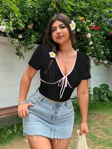 GalTyme Áo thun nữ dáng rộng, cổ chữ V khoét sâu, thắt nút phía trước, màu đen, gợi cảm, mùa hè - màu đen - Xem 3