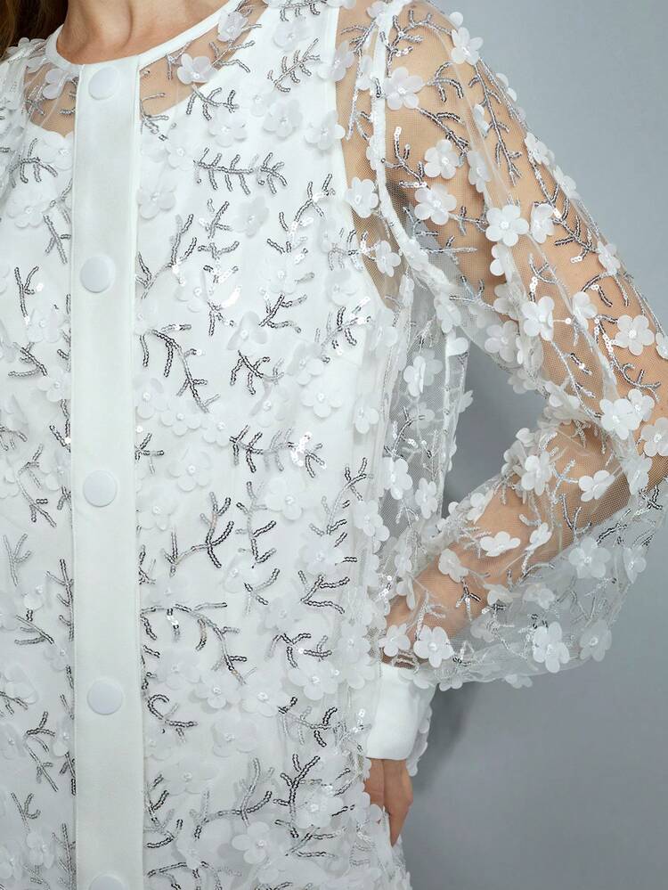 SHEIN Maija Women's Romantic Elegant 3D Floral Sequins Transparent White Holiday Long Sleeve Christmas Mini Dress, Fit For New Year Party, Festival Celebrations Valentines Day,Boho