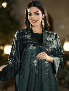 Layrah Women's Elegant Handmade Rhinestone Embellished Long Dress Robe For Evening Party - Dark Green - View 5