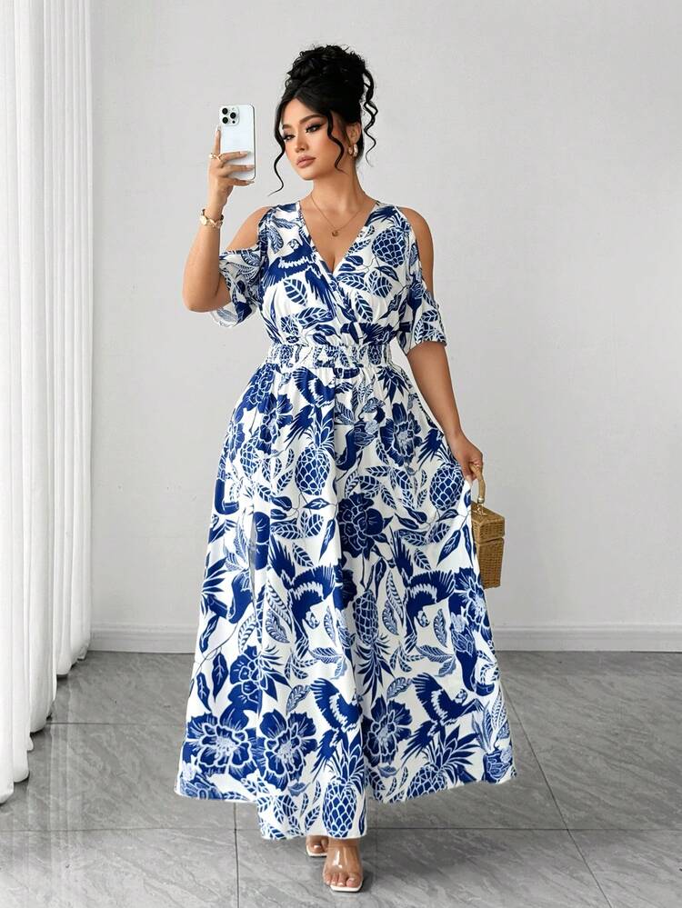 Elenzga Vestido de vacaciones con cuello halter y cruce en el busto para mujer talla grande, estampado de flor de anacardo, silueta de línea A con recogido en la cintura, favorecedora para el abdomen, tela estampada con textura, vestido maxi para primavera/verano, adecuado para graduación, vacaciones, San Valentín, festivales de música, Día de la Madre, Halloween, Acción de Gracias, Pascua, Día Nacional, galas, citas, fiestas, bodas, actividades al aire libre - Azul - Añade 5