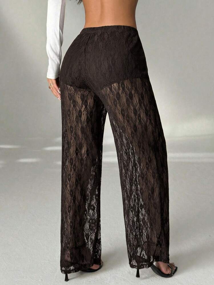 SHEIN PETITE Women's Elastic Waist Floral Lace Straight Loose Fashion Pants Lace Pants See Through Pants - Brown - View 2