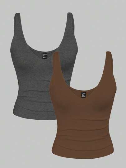 Airaco 2pcs/Set Women's Fitted Solid Color V-Neck Cropped Tank Tops, Summer