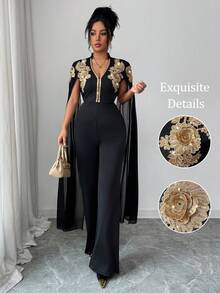 Elenzga Women's V-Neck Applique Cape Design Fashionable Jumpsuit Wide Leg Pants For Party