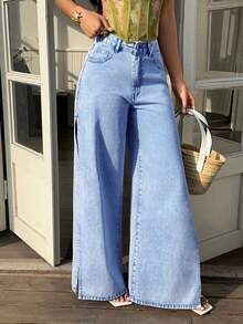 Sunnyshic Jeans vaqueros de pierna ancha y desgastados de estilo casual para vacaciones de mujer - Azul - Ver 4