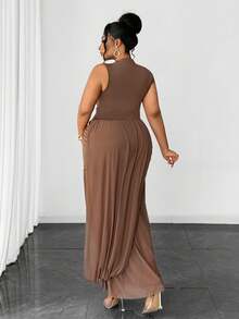 Maweii Plus Size Women Casual Vacation Ruffle Hem Fashionable Waist Cinched Bodycon Sexy Vacation Round Neck Dress - Brown - View 3
