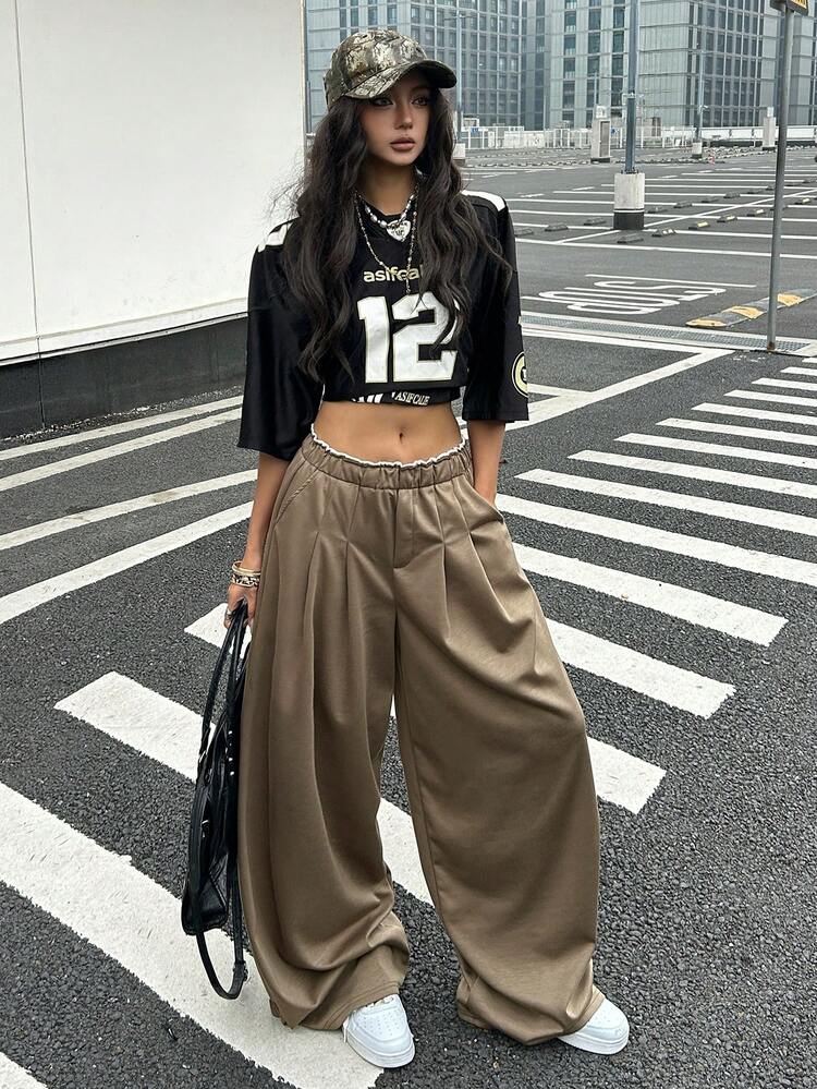 Women's Casual Sports Patchwork Contrast Color Elastic Waist Pleated Loose Wide Leg Sweatpants