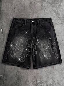 AXEPEAK Men's Washed Denim Shorts With Rhinestone Embellishment, Fashionable Knee-Length Pants - Black - View 1