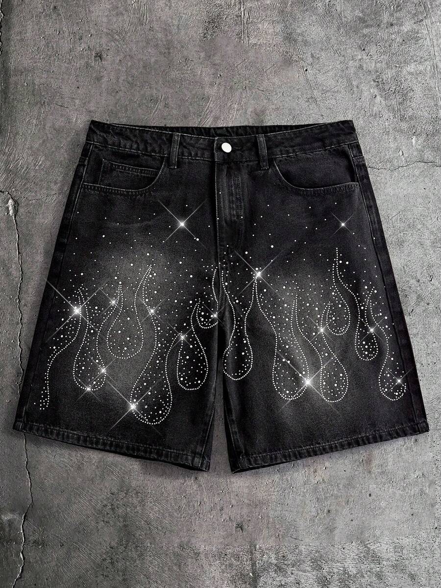 AXEPEAK Men's Washed Denim Shorts With Rhinestone Embellishment, Fashionable Knee-Length Pants - Black - View 1