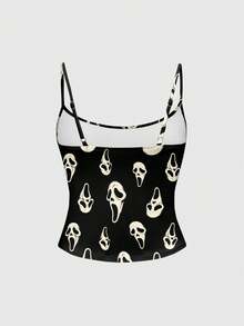 ROMWE Gothic Dark Mysterious Ghost Face Print Camisole For Women - Black - View 2